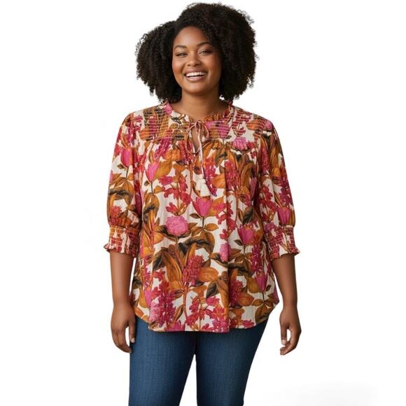Rose & Olive Womens All Over Floral Puff Sleeve Tunic Blouse Size Large - Picture 1 of 10